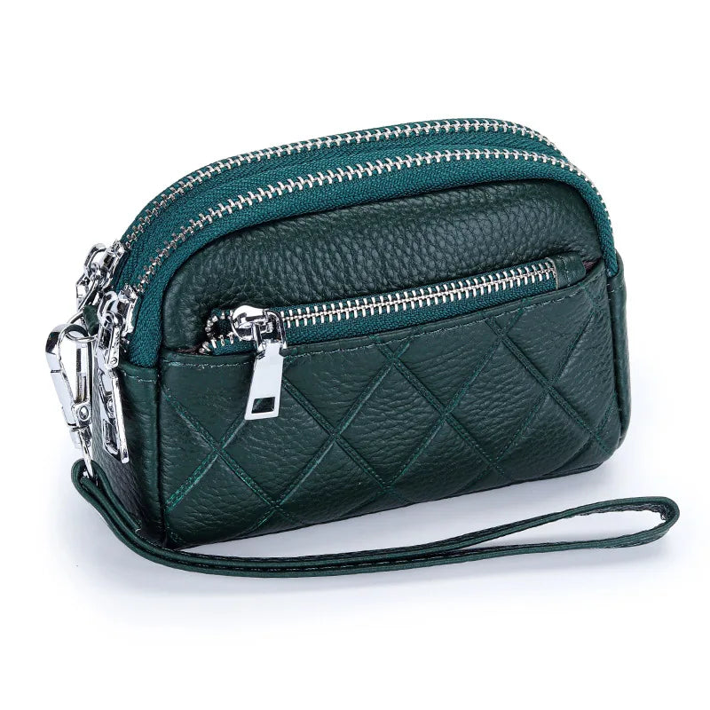 Women Coin Purse Cowhide Large Capacity Three Zipper Multifunction Money Lipstick Pocket Clutch Coin Bag Removable Wrist Strap