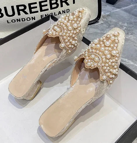 2024Half Head Women's Slippers Lace Sexy Pearl Rhinestones Outdoor Shoes on Sale