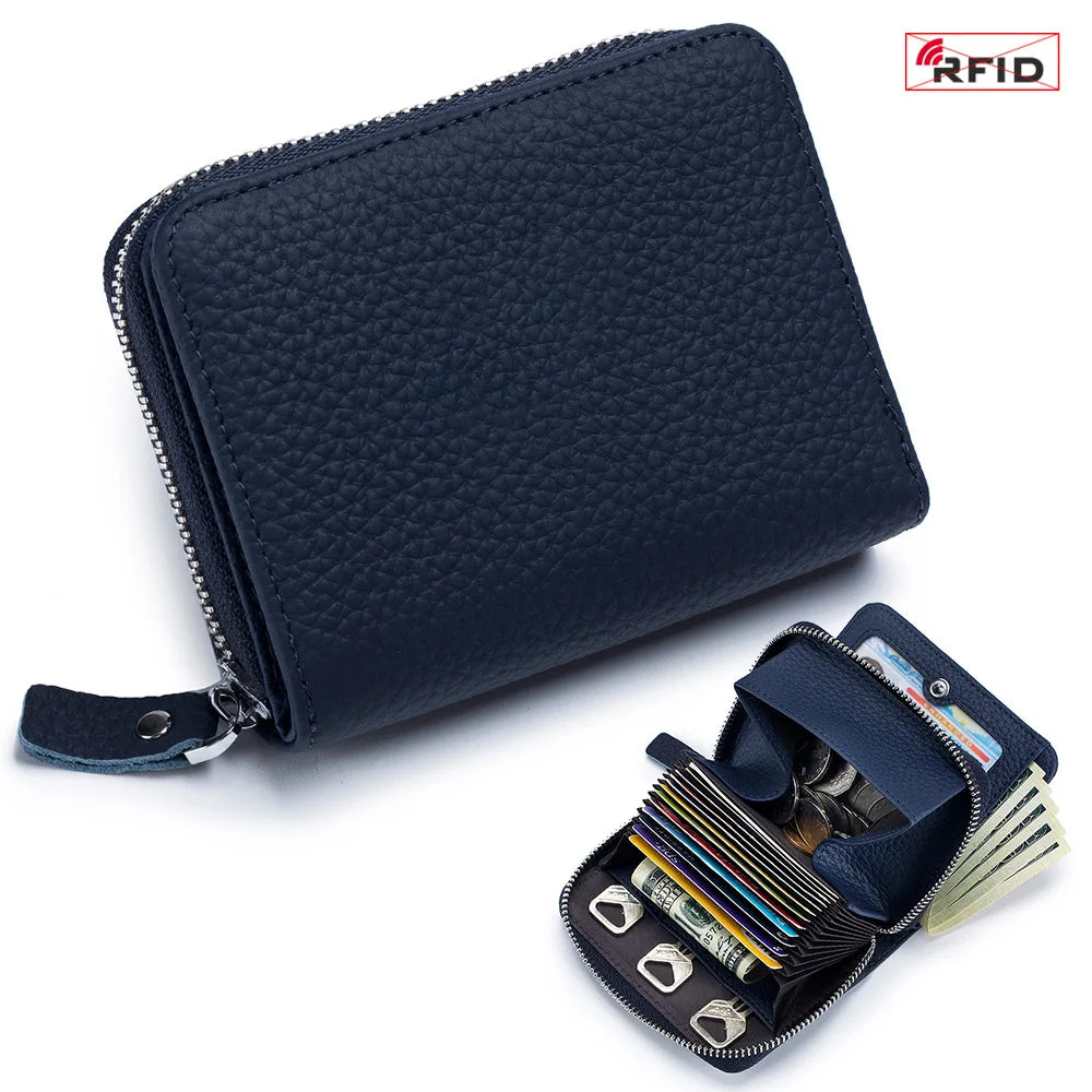 Genuine Leather Short Wallet RFID Bank Credit Card Holder First Layer Cowhide Mini Coin Purse Bag Clutch Key Pouch For Men Women