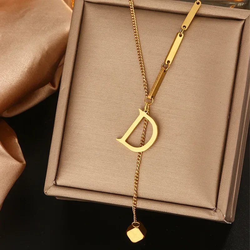 Stainless Steel Necklaces New Popular M Letter Pendants Tassel Zircon Fine Choker Chain Fashion Necklace for Women Jewelry Gift