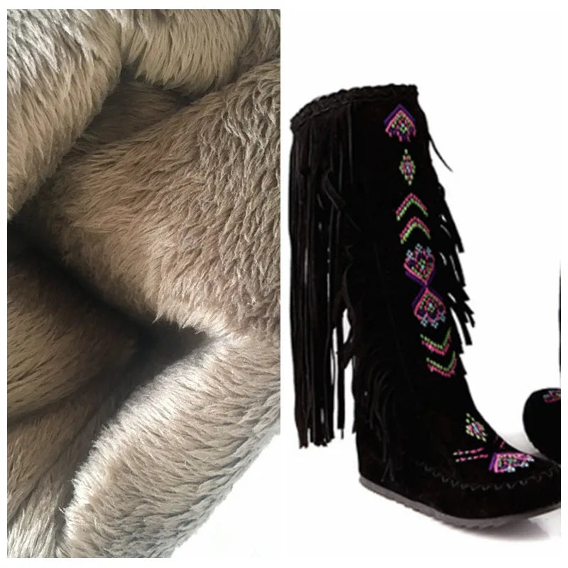REAVE CAT Fashion Nation Flock Leather Women Fringe Flat Heels Long Boots Spring Autumn Tassel Knee High Boots