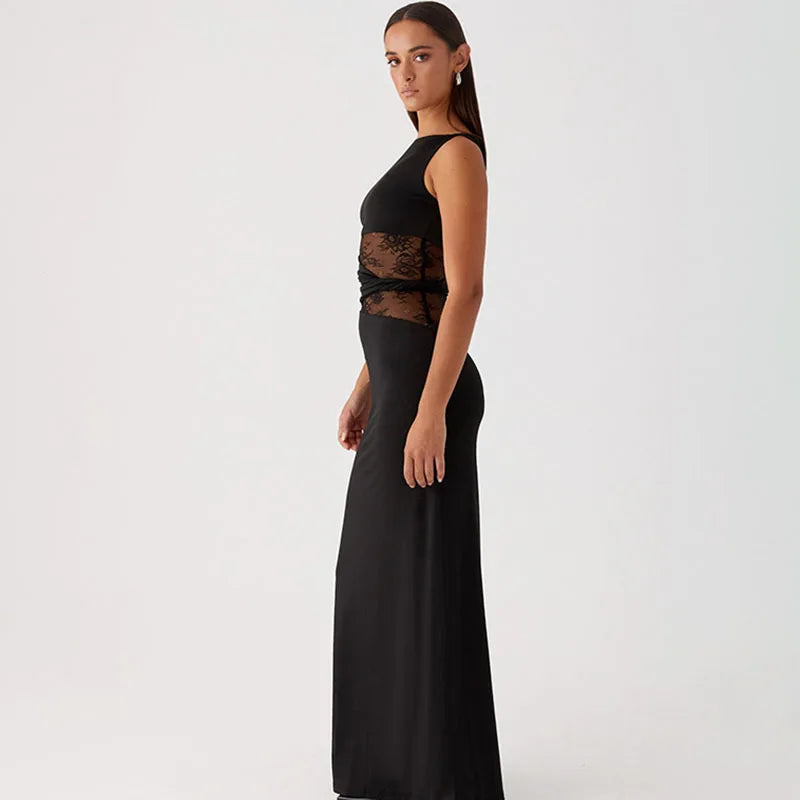 Apprabant Women Lace Splicing Solid Color Vestido Round Neck Sleeveless Semi Transparent Hollow Out Twisted Waistband Dress