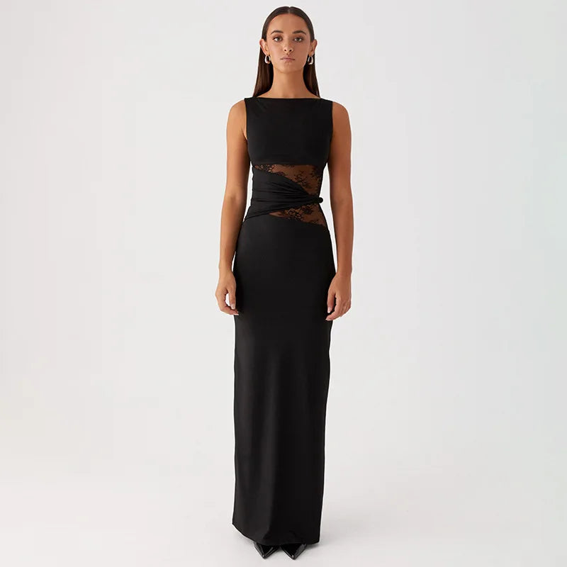 Apprabant Women Lace Splicing Solid Color Vestido Round Neck Sleeveless Semi Transparent Hollow Out Twisted Waistband Dress