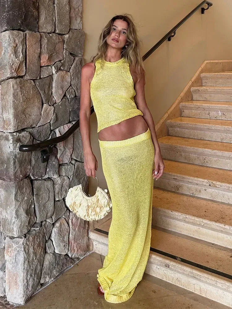 2025 Sexy V-neck Sleeveless Shiny Silk Camisole Tank Top Long Dress Two Piece Set Fashion Elastic Waist Wrap Hip Knitted Set K68
