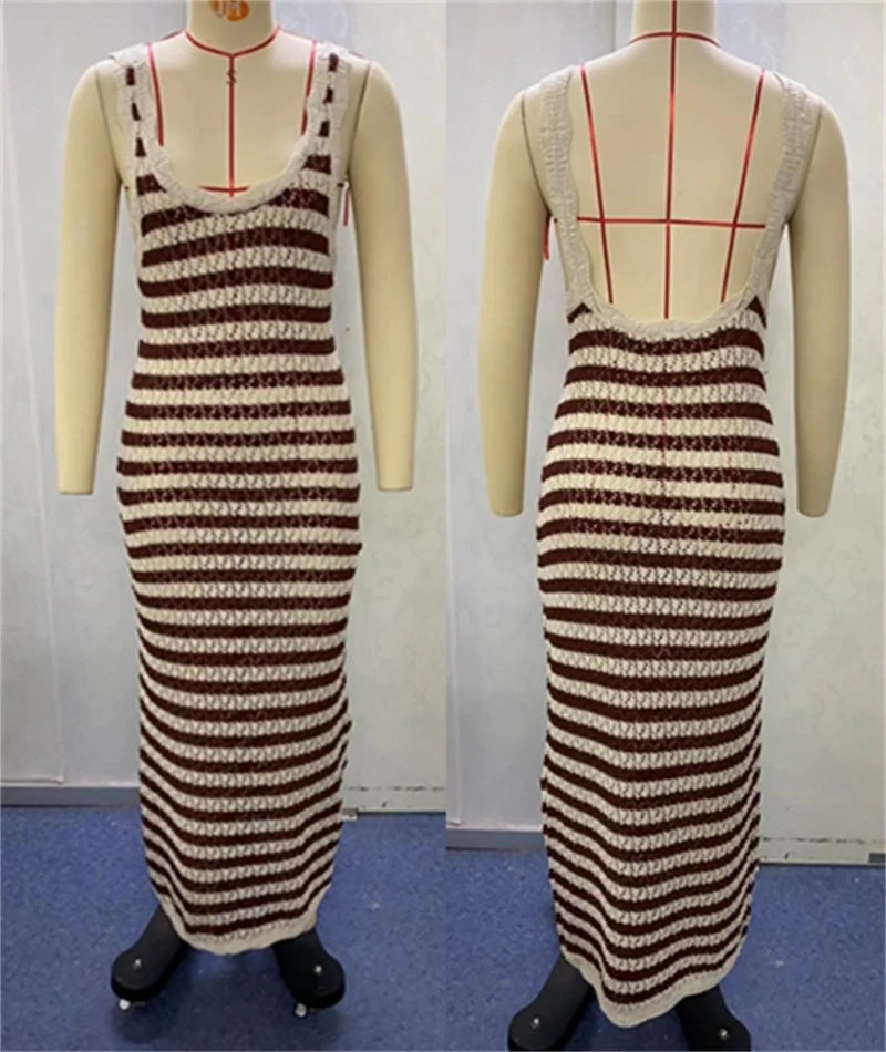 Women's Sleeveless Backless Striped Knit Swimsuit Bikini Cover-Up One-Piece Long Beach Dress Fashion Swimwear