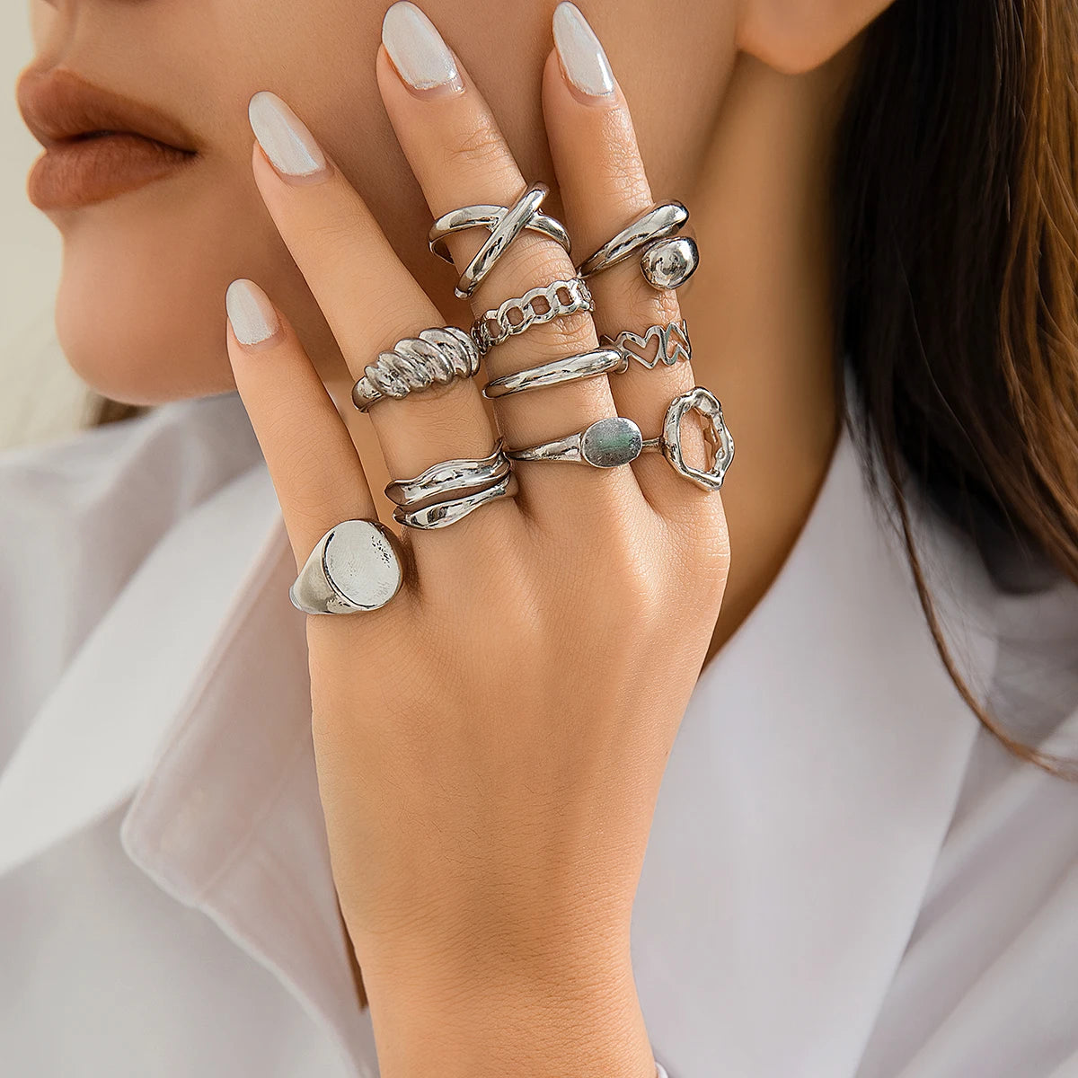 PuRui Trendy Geometric Cuff Rings Set for Women Metal Opening On The Finger Ring Girls Y2K Jewelry Ladies Party Wedding New