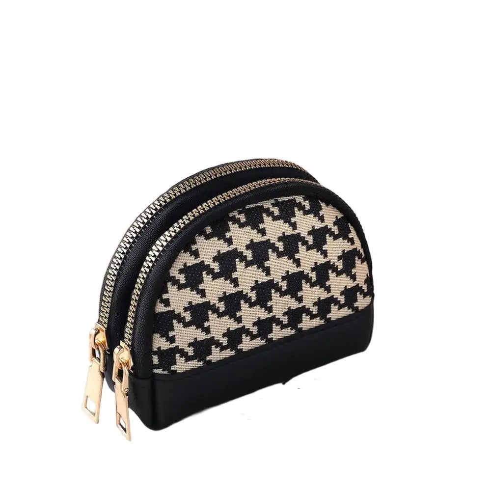 Women Coin Purse Houndstooth Fabric Embroidery Double Layers Zipper Bag Leather Card Holders Mini Key Wallet