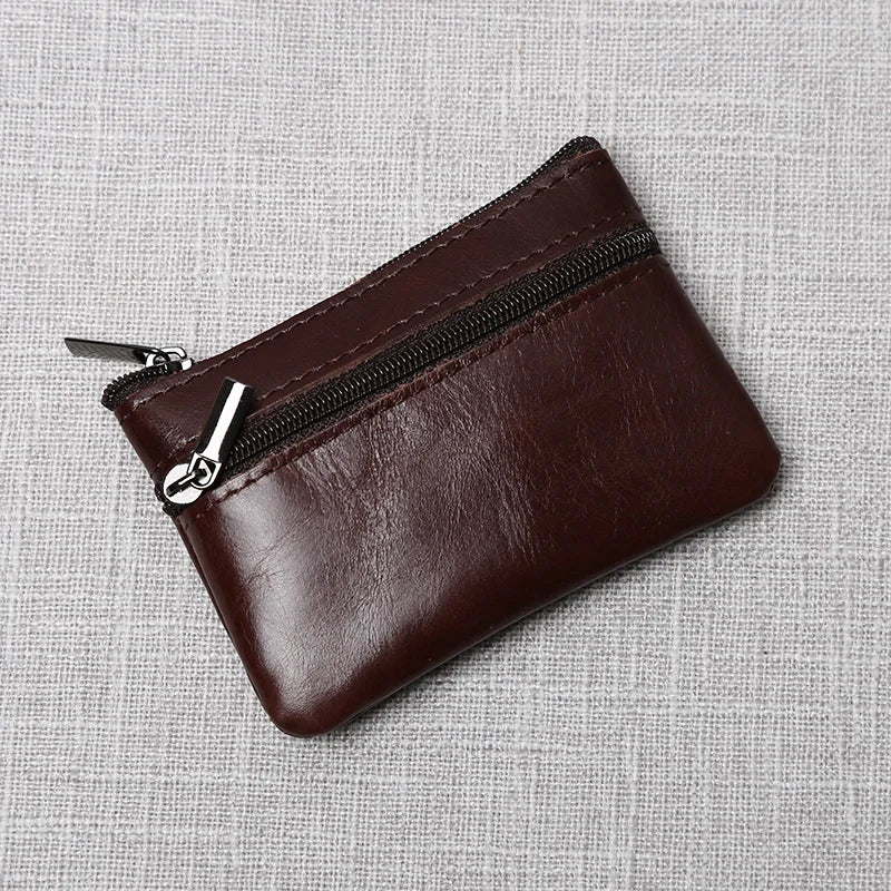 Leather Mini Coin Purse Unisex Simple Portable First Layer Cowhide Retro Handmade Zipper Small Wallet Key Case