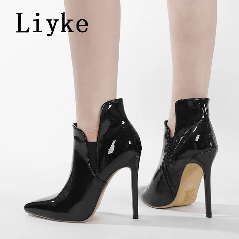Liyke High Quality Patent Leather Pointed Toe Zip Ankle Boots For Women Spring Autumn Heels Pumps Sexy Party Club Stripper Shoes
