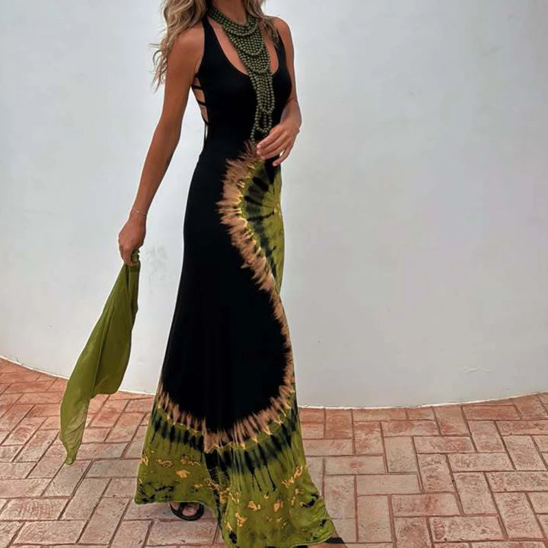 Vintage Printed High Waist Summer Robe Dress Women O-neck Hollowed Out Sleeveless Holiday Dress Casual Backless Beach Long Dress