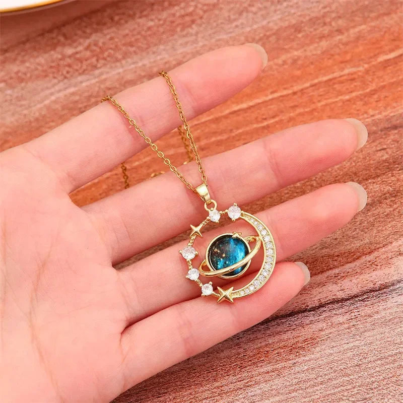 Luxury Inlaid Zircon Planet Moon Pendant Necklace for Women Fashion Star Water Drop Clavicle Chain Charm Jewelry Gift