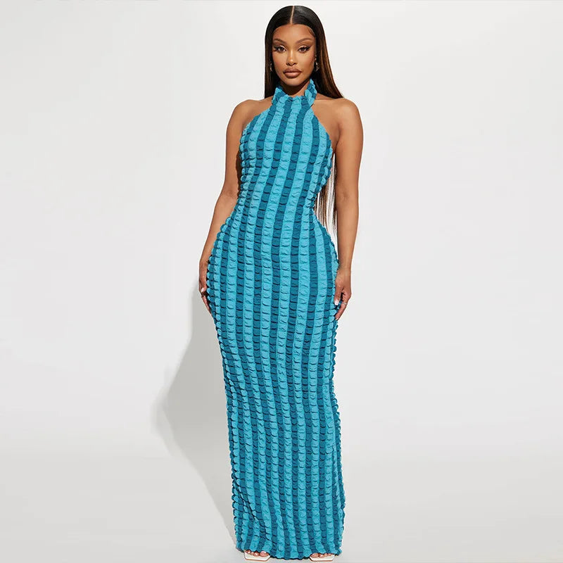Hugcitar Patchwork Sexy Y2K Clothes Sleeveless Backless Halter Ruched Bodycon Maxi Dresses For Women Club Birthday Party Outfits