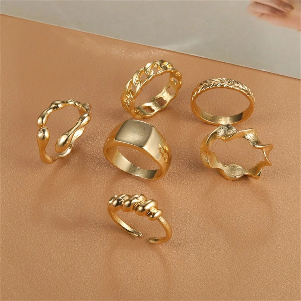 Mixed Vintage Gold Color Metal Rings Set for Women Fashion Geometric Irregular Hollow Spiral Chain Knuckle Finger Ring Jewelry