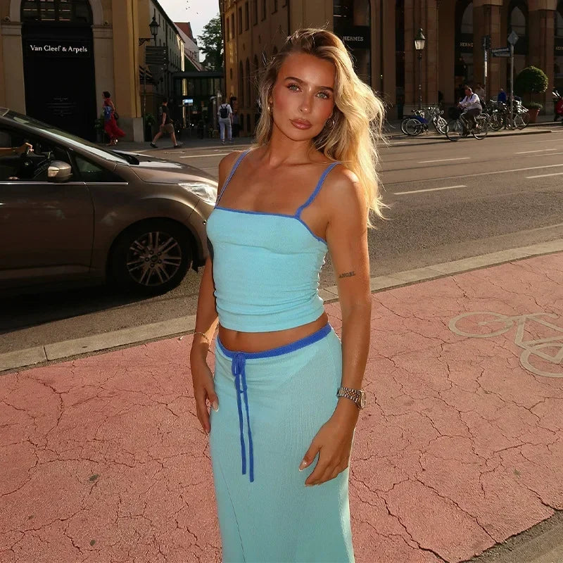 Blue High Waist Skirt Sets for Women Spaghetti Strap Crop Top and Long Skirt Outfits Summer Elegant Casual Holiday Two Piece Set
