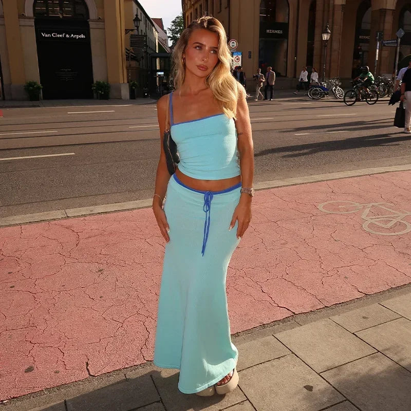 Blue High Waist Skirt Sets for Women Spaghetti Strap Crop Top and Long Skirt Outfits Summer Elegant Casual Holiday Two Piece Set
