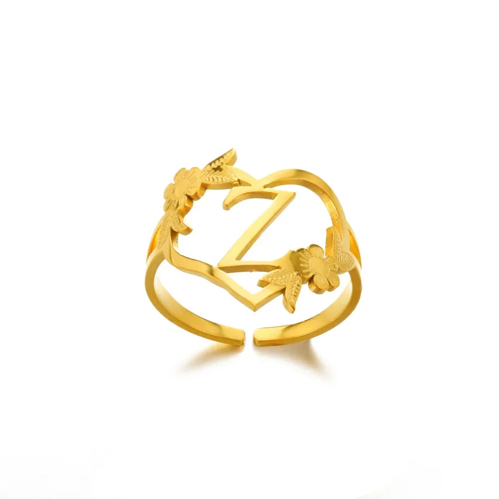 A-Z Ring Initials Flower Heart Rings Stainless Steel Gold Colour Rings for Women Adjustable Simple Opening Couple Rings Jewelry