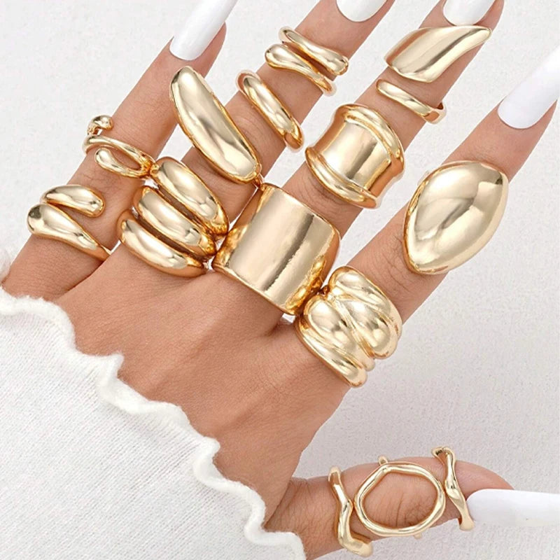 Vintage Gold Color Irregular C Shape Open Ring Set Women Creative Geometric Finger Knuckle Ring Couple Jewelry Accessories 2025