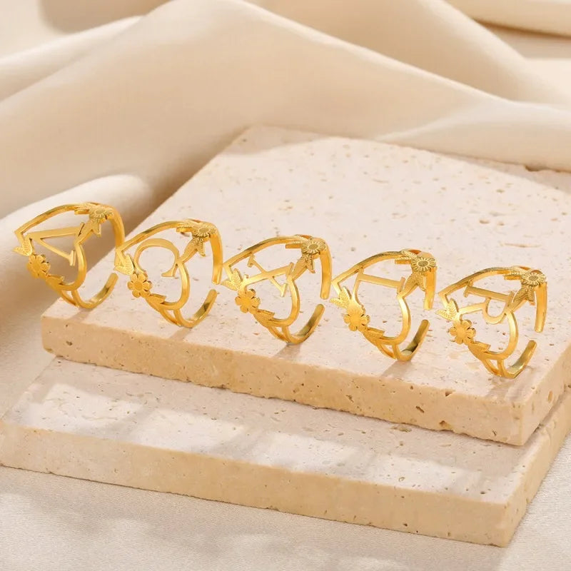A-Z Ring Initials Flower Heart Rings Stainless Steel Gold Colour Rings for Women Adjustable Simple Opening Couple Rings Jewelry