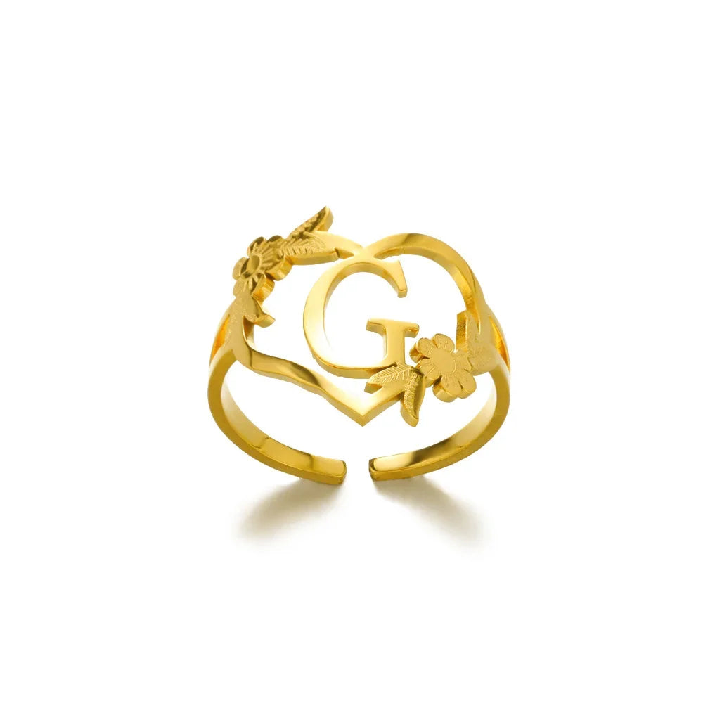 A-Z Ring Initials Flower Heart Rings Stainless Steel Gold Colour Rings for Women Adjustable Simple Opening Couple Rings Jewelry