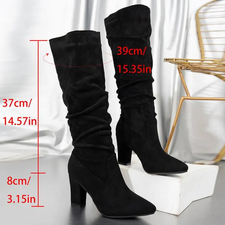 Pointed Toe Pleated Boots for Women 2025 Hot Sale Chunky Heels Flock Folding Knee High Boots Party Comfy Women Shoes Big Size 43