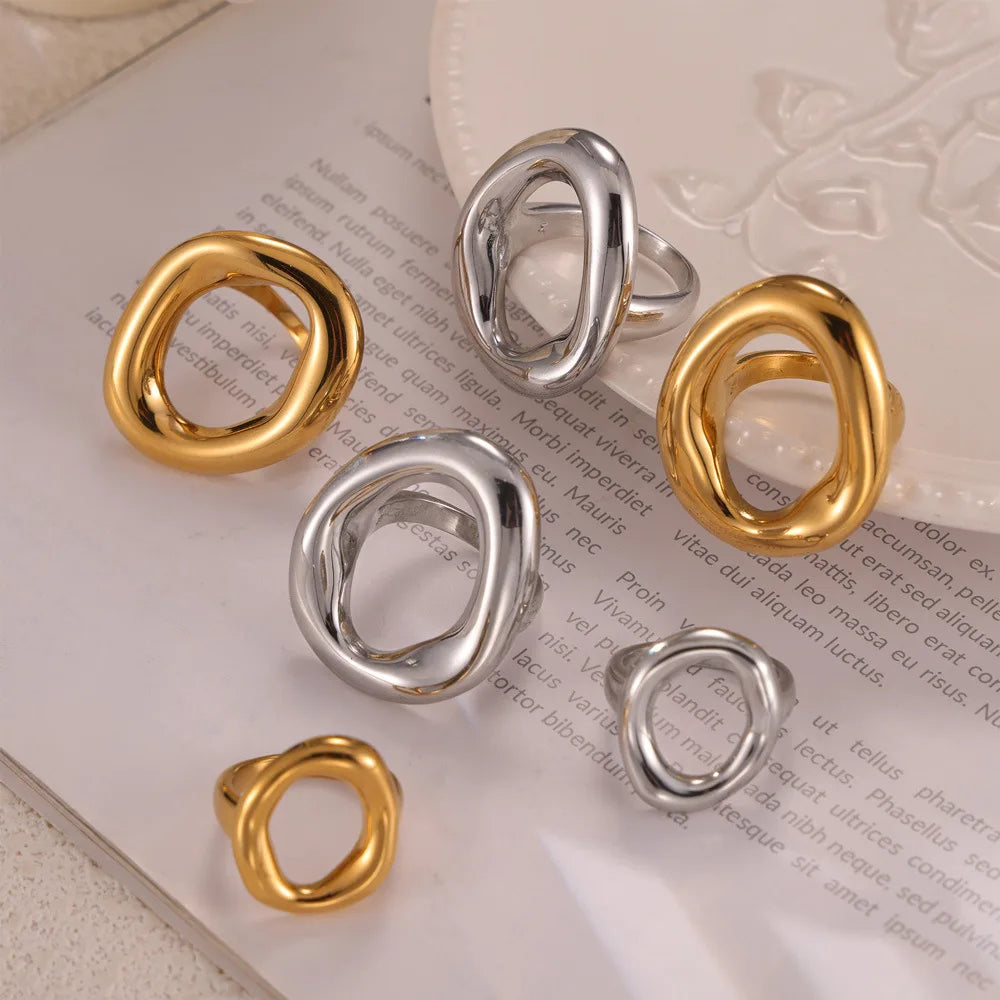 316L Stainless Steel Gold Plated Big Ring for Women Oval Hollow Personality Ring Female Luxury Waterproof Jewelry