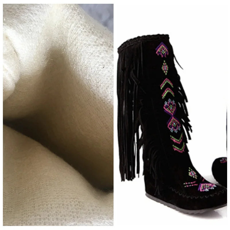 REAVE CAT Fashion Nation Flock Leather Women Fringe Flat Heels Long Boots Spring Autumn Tassel Knee High Boots