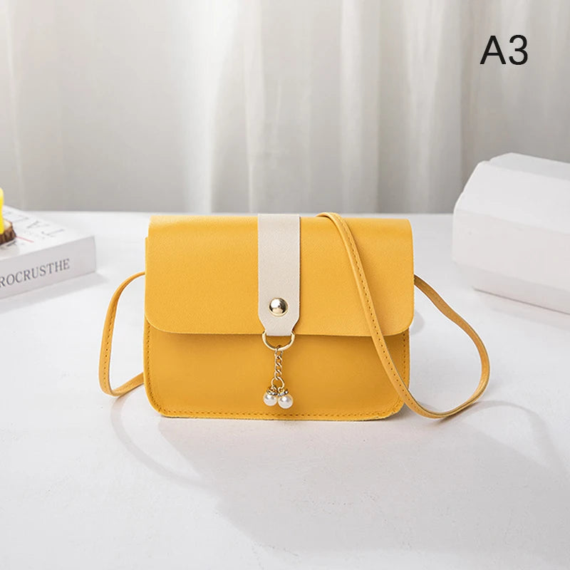 Contrast Women Shoulder Bag Simple Pearl Pendant Luxury Designer Handbag Messenger Bag Small Square Crossbody Mobile Phone Purse