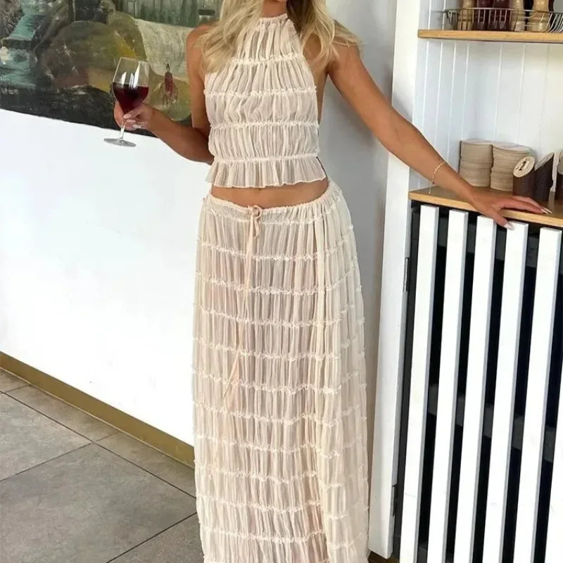 Halter Neck Long Skirt Women Sling Top Elegant Lace Up Fold Maxi Skirts Summer Pleated Sleeveless Backless Tops 2pcs Outfits