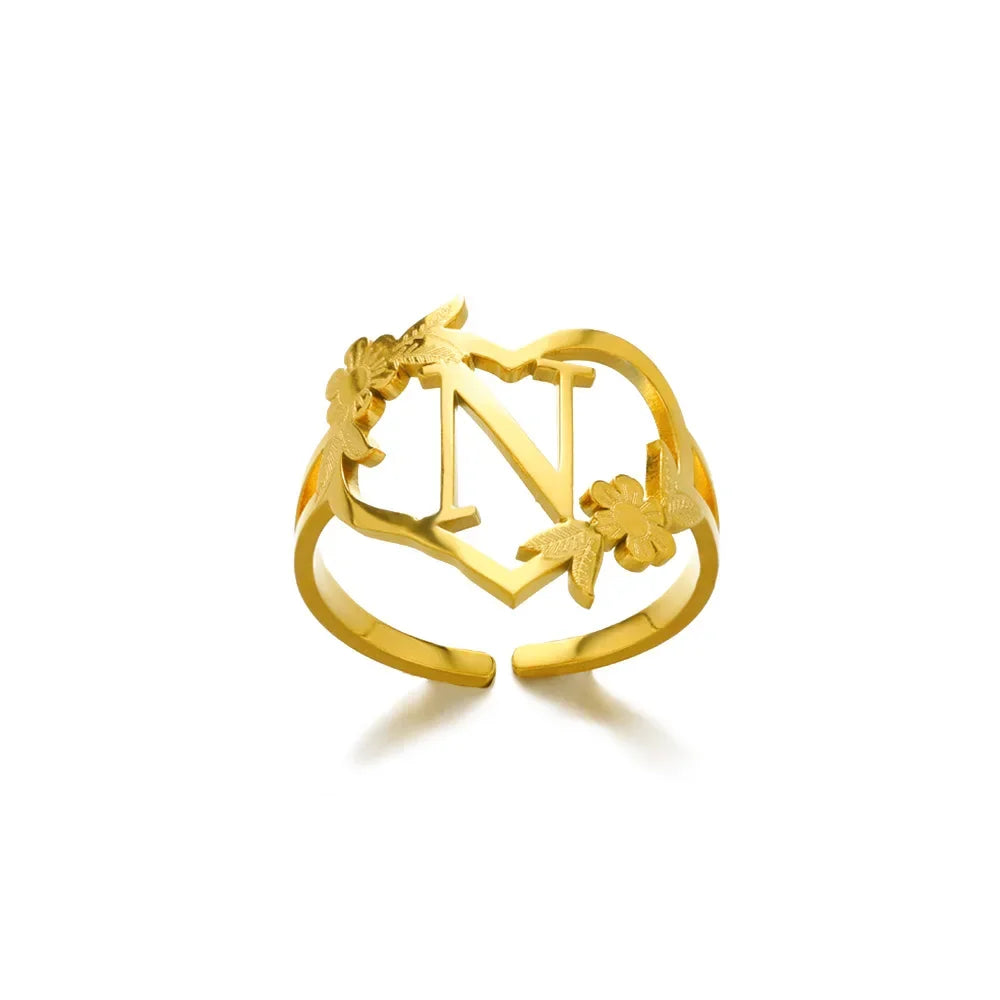 A-Z Ring Initials Flower Heart Rings Stainless Steel Gold Colour Rings for Women Adjustable Simple Opening Couple Rings Jewelry
