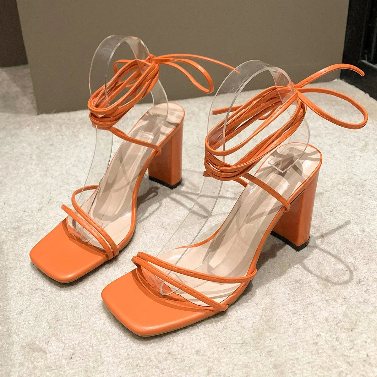 Woman Black Ankle Strap Sandals Woman Leather Pu Cross-Tied High Heels Shoes Sexy Lace Up Party Pumps Shoes Plus Size 43