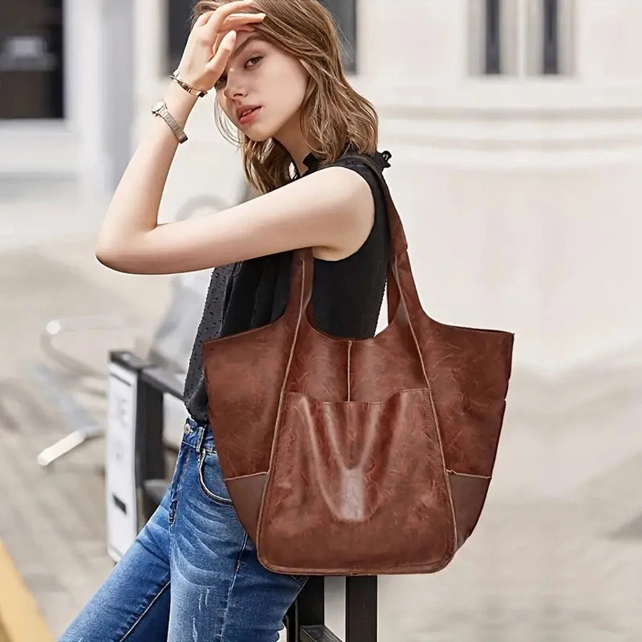 Fashionable and minimalist large bag with soft leather and large capacity shopping bag for women, one shoulder hand-held large b
