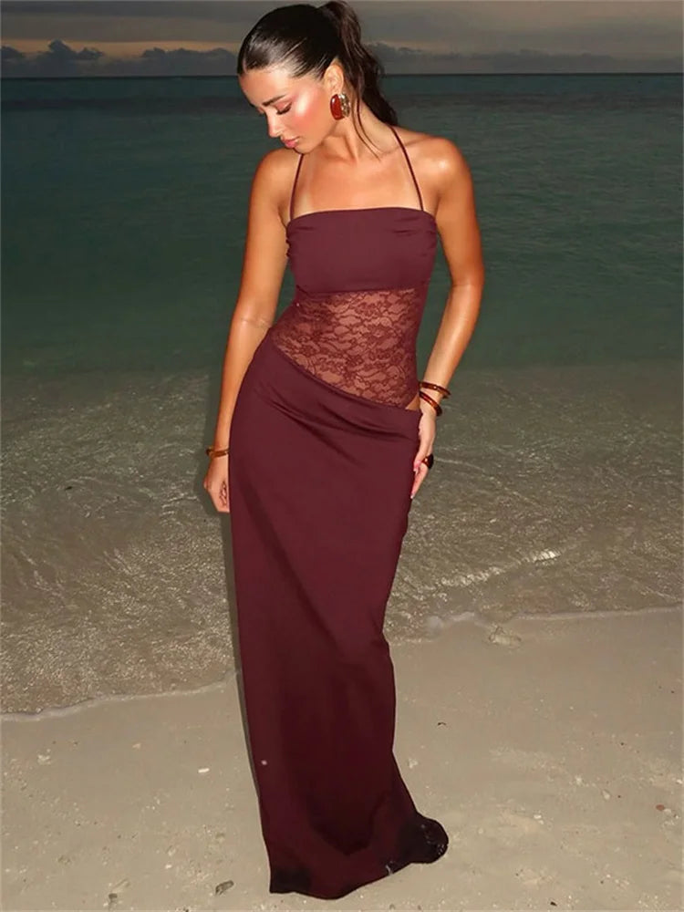 Tossy Lace Printed Halter Dresses Female Backless Slim High Waist Drawstring Fashion Patchwork Party Dress Women's Long Dress