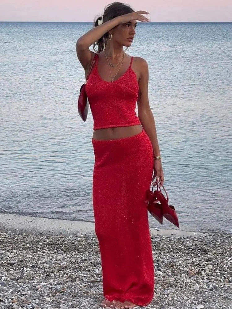 Sexy Trendy Backless Camisole Top Wrap Hip Long Skirt Knit Shiny 2 Piece Set Outfits Slim Fit Crop Camisole Top Cover Up A3171