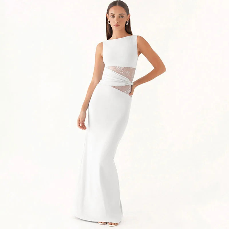 Apprabant Women Lace Splicing Solid Color Vestido Round Neck Sleeveless Semi Transparent Hollow Out Twisted Waistband Dress