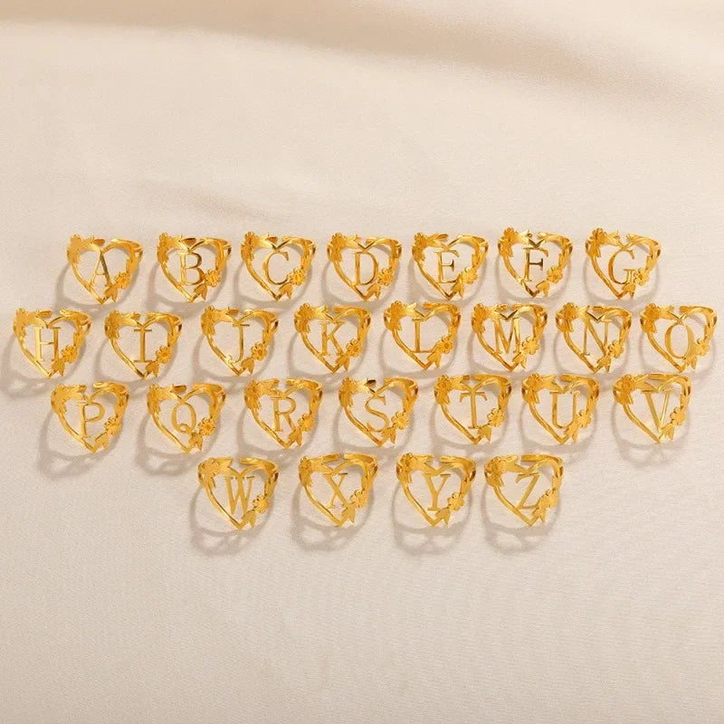 A-Z Ring Initials Flower Heart Rings Stainless Steel Gold Colour Rings for Women Adjustable Simple Opening Couple Rings Jewelry